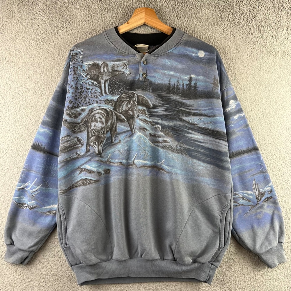 Vintage Artisans Wolf All Over Print Henley Sweatshirt Blue Grey Mens L USA